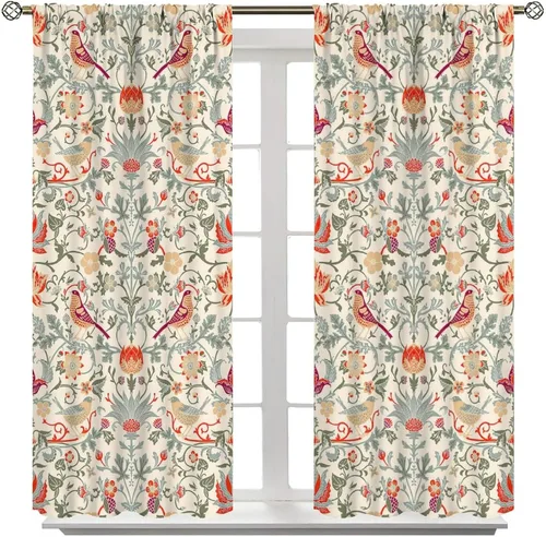 Vista 8 de Cortinas bohemias William Morris con estampado de pájaro retro elegante con estampado de animales, para dormitorio, sala de estar, cortinas opacas