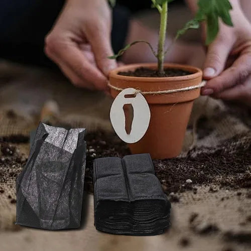 Vista 5 de Paquete de 100 bolsas de cultivo de tela no tejida, macetas biodegradables con agujeros de drenaje para flores, verduras, hierbas (7.9 x 7.9 in)