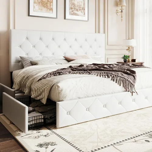 Vista 16 de SHA CERLIN Base de cama de plataforma tamaño matrimonial tapizada con 4 cajones de almacenamiento, cabecero ajustable con diseño cosido en cuadrados