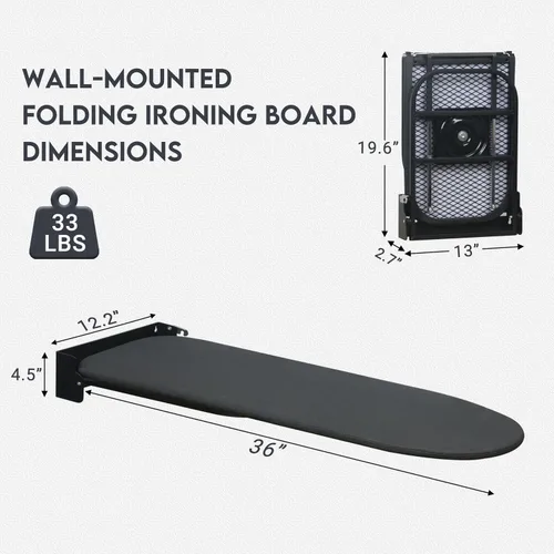 Vista 12 de Tabla de planchar para montar en la pared, compacta que ahorra espacio, tabla de hierro plegable para cuarto de lavado, 36 x 12 pulgadas, color negro