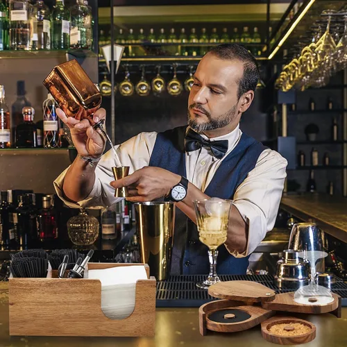 Vista 5 de Mifoci Herramienta de Barman Rimadora de Vasos de Madera de Acacia de 3 Niveles con 12 Vertedores Clásicos de Acero Inoxidable para Botellas