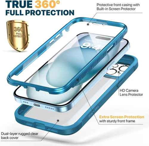 Vista 2 de Diaclara - Funda resistente de cuerpo completo con protector de pantalla sensible al tacto y antiarañazos, con protector de lente de cámara