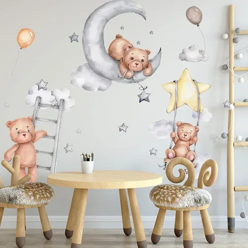 Vista 6 de Calcomanías de pared con diseño de oso de dibujos animados, diseño de oso de luna para dormir, despegar y pegar, papel tapiz mural extraíble