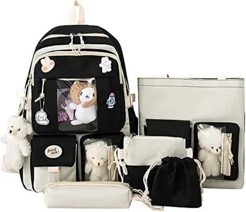 Vista 7 de Mochila Kawaii de 5 piezas, bolsa deportiva estética de 17 pulgadas con bonita mochila, bolsa de hombro, caja de lápices, bolsa de mano, bolsa
