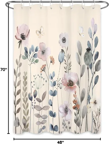 Vista 8 de Cortina de ducha con diseño bohemio de plantas y flores de acuarela sobre fondo beige, cortina de ducha de baño con hojas naturales, cortina