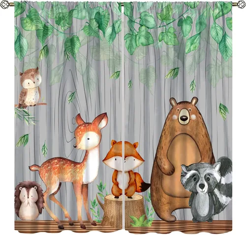 Vista 24 de YCness Cortinas para niños y niñas, diseño de animales de la selva, bosque de otoño, dibujos animados, ciervos, conejos, zorros, búhos, cortinas