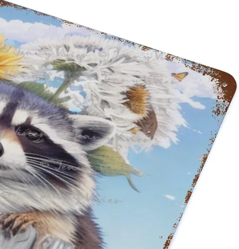 Vista 7 de Zomyto Cartel de metal con imágenes de mapache para pared, lindo mapache con girasol, letreros de lata novedosos para habitación de niños, póster