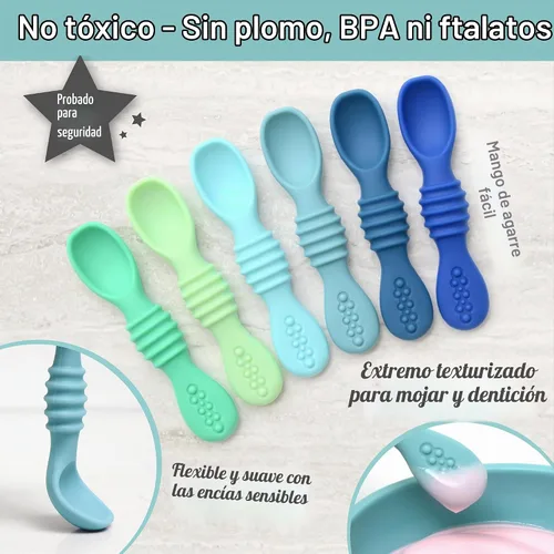 Vista 2 de PrimaStella Juego de cucharas masticables de silicona para bebés y niños pequeños, seguridad probada, sin BPA, apta para microondas, lavavajillas