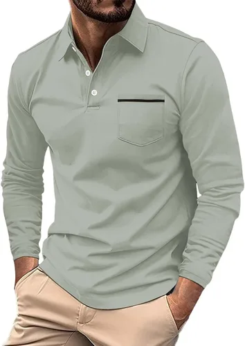 Vista 35 de Polo de manga larga para hombre, diseño casual de algodón con bolsillo, cuello clásico con botón para golf