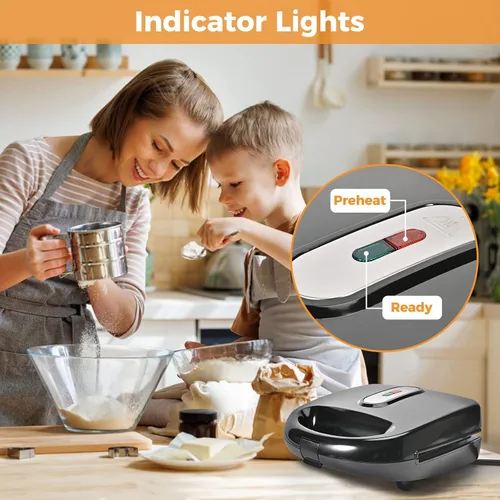 Vista 5 de Sandwichera 3 en 1, máquina portátil de gofres, prensa eléctrica Panini con placas antiadherentes extraíbles, luces indicadoras LED, mango fresco al