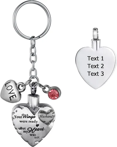 Vista 7 de Joyería de cremación de acero inoxidable con texto en inglés "Your Wings were Ready but My Heart was Not Memorial", llavero de urna para cenizas
