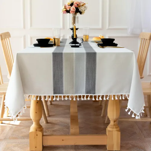 Vista 7 de Mantel rústico bordado con borla, lino de algodón sin arrugas, antidecoloración, lavable, a prueba de polvo, para comedor, cocina, fiesta, Azul