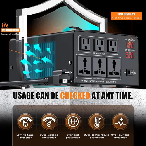 Vista 4 de Transformador Convertidor de Voltaje de 1000W Paso Arriba 110V/120V a 220V/240V o Paso Abajo 220V a 110V Convertidor de Potencia AC, Protección