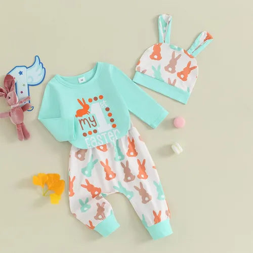 Vista 3 de hhchenyulemon Conjunto de mameluco de manga corta con estampado de conejito y gorro, ropa para bebés y niños pequeños