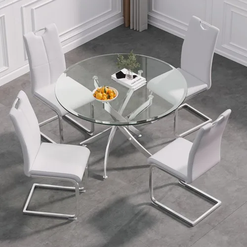 Vista 10 de Juego de mesa de comedor de cristal de lujo de 36 pulgadas para 2, mesa de comedor redonda moderna de 3 piezas con 2 sillas de comedor de cuero