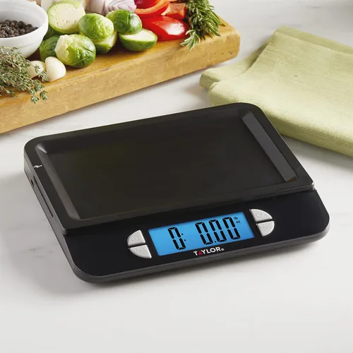 Vista 5 de Taylor Báscula digital recargable por USB para cocina y alimentos, capacidad de 11 libras con bandeja apta para lavavajillas, cable incluido