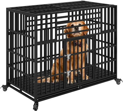 Vista 10 de Jaula indestructible para perros de 54 pulgadas, resistente a prueba de escapes, de acero, doble puerta, alta ansiedad, con ruedas, bandeja