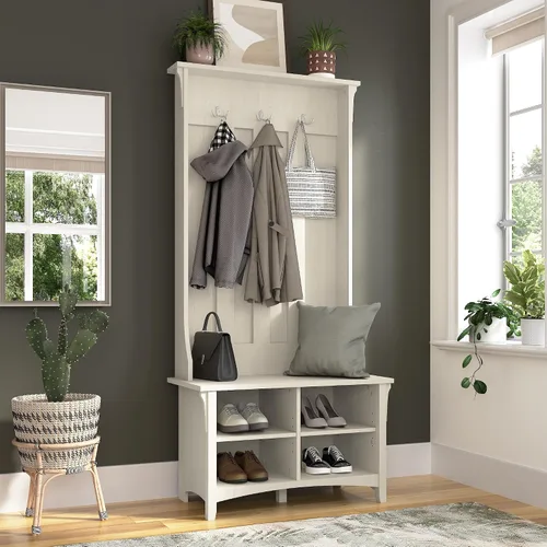 Vista 2 de Bush Furniture Salinas Árbol de salón con banco de almacenamiento de zapatos en color blanco antiguo, organizador multiusos para el hogar, solución