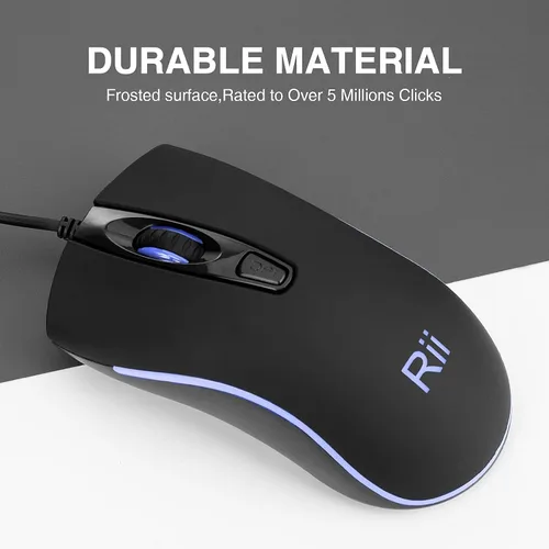 Vista 6 de Rii Ratón con cable RM105, mouse de computadora con retroiluminación RGB colorida, agarre cómodo óptico ergonómico, ratones con cable USB compatible