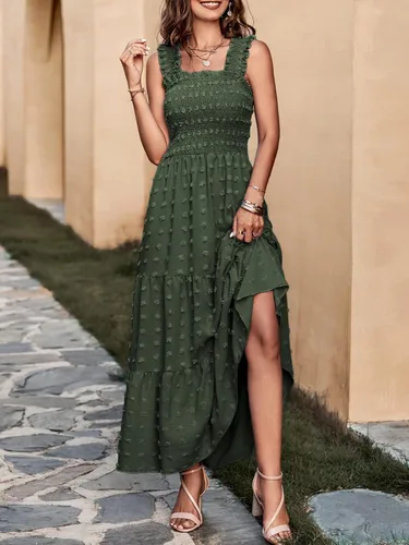 Vista 2 de MASCOMODA Vestido largo bohemio sin mangas fruncido para mujer, con tirantes de hombro sólidos, lunares suizos, acampanado, para fiesta, escalonado