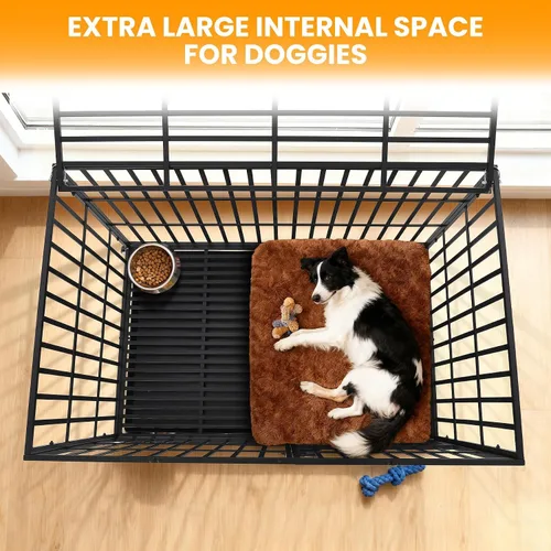 Vista 6 de Jaula para perros resistente a prueba de escapes, perrera de metal XL con 3 puertas, bandeja extraíble y ruedas, jaula interior segura e