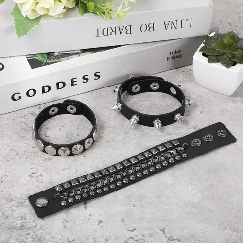 Vista 4 de Ptwola 3 pulseras de cuero punk rock con tachuelas, pulseras de joyería de cuero punk de los años 80, juego de pulseras góticas de los años 80