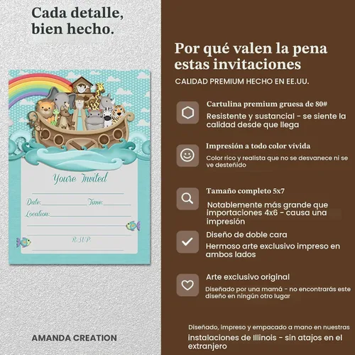 Vista 4 de Amanda Creation Noahs Ark - Invitaciones para baby shower, paquete de 20 invitaciones de cumpleaños de 5 x 7 pulgadas con sobres blancos, tarjetas
