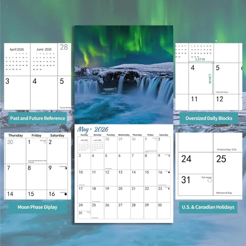Vista 4 de Calendario de pared 2026, calendario de pared Aurora 2026, 12" x 24" abierto, papel grueso brillante, organizador para el hogar y la oficina