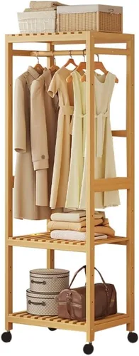 Vista 17 de Wooden Clothes Rail with Shelves,Bamboo Clothes Rack,Portable Open Wardrobe,Free Standing Clothes Rails for Bedroom,Garment Rack with 2 Storage