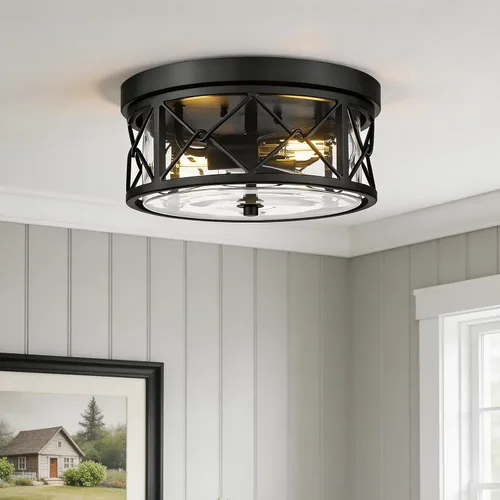Vista 7 de zeyu ZY25-F BK - Lámpara de techo de montaje empotrado de 2 luces, 12 pulgadas para cocina con vidrio transparente, luz de techo negra, ZY25-F BK