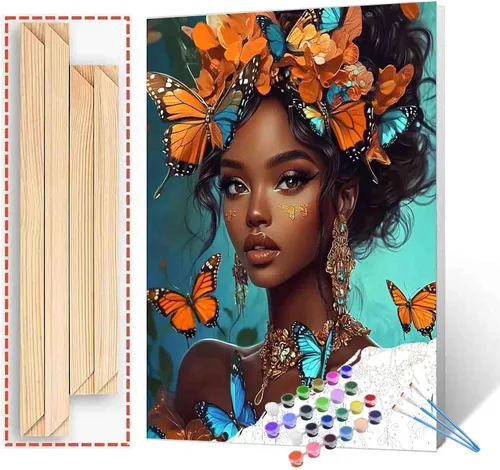 Vista 10 de Pintura de niña afro a la moda, kits de pintura por números, 16 x 20 pulgadas, lienzo de hojas tropicales, pintura al óleo para niños y adultos