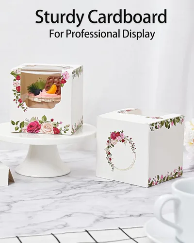 Vista 5 de Happyhiram Cajas para magdalenas, 12 unidades, rosas florales, mini caja de regalo individual para el día de la madre, hojas botánicas, recipientes