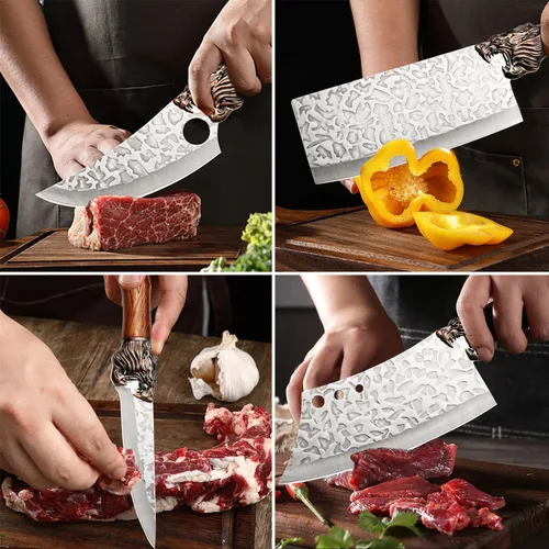 Vista 7 de Juego de cuchillos de chef de cocina forjada, acero inoxidable, carne, pescado, fruta, verduras, cuchillo para rebanar, cuchillos de carnicero, 6