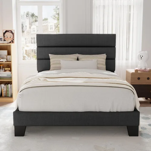 Vista 27 de Allewie Base de cama de plataforma de tamaño individual con cabecera tapizada de tela y soporte de listones de madera, base de colchón totalmente