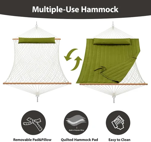 Vista 3 de CHULIM Hamaca doble para exterior con barras separadoras de madera dura, hamaca grande de cuerda con almohada de poliéster y cojín, capacidad de 475