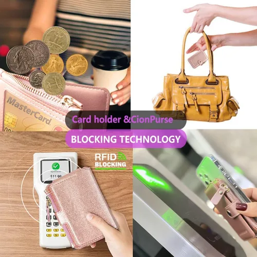 Vista 7 de Penekin Cartera con llavero con ventana de identificación, tarjetero de cuero con cremallera para mujer, Rosado, Multifunción