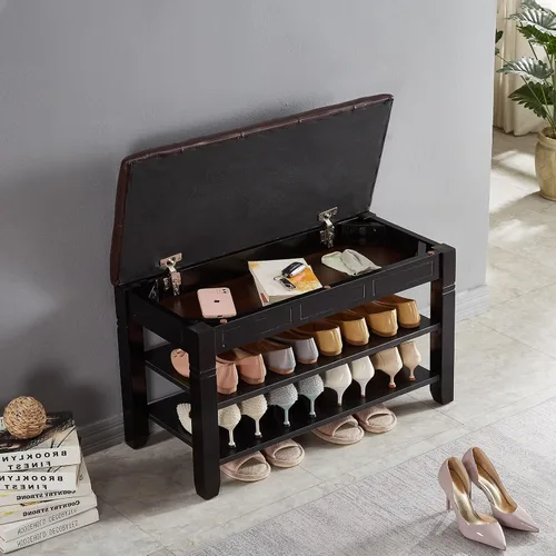 Vista 4 de Banco de almacenamiento de zapatos, zapatero de entrada con asiento de cuero de fibra de 2 niveles, organizador superior de madera para entrada