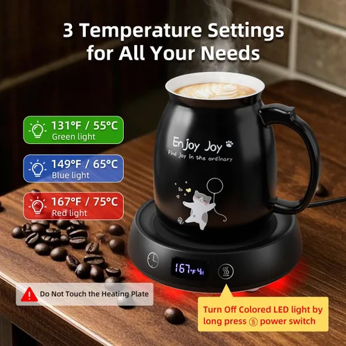 Vista 2 de Calentador de taza de café con bonito juego de tazas de gato, calentador eléctrico de 8 horas de apagado automático para escritorio, oficina, hogar