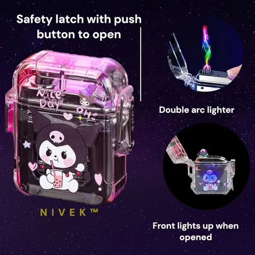 Vista 2 de NIVEK Kulomi - Encendedor de carga USB transparente, doble arco, impermeable, recargable, luz de gatito, KT, gato, melodía japonesa Kawaii