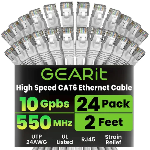 Vista 55 de GEARit Paquete de 24 cables Ethernet Cat6 de 0.5 pies Cable de conexión de red RJ45, conectores chapados en oro sin enganches de 10 Gbps, cable