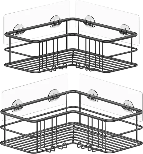 Vista 9 de Menbyci Organizador de ducha negro esquinero para baño, accesorios organizadores de baño a prueba de óxido, cesta de ducha adhesiva, estante