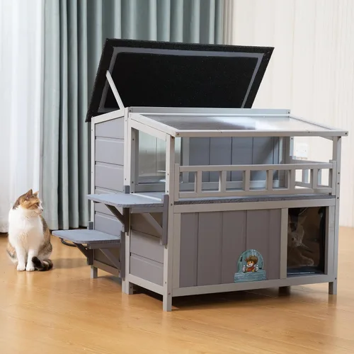 Vista 8 de Refugio para gatos de madera cálida de 2 niveles con techo de luz solar, casa para gatos al aire libre, balcón, plataformas de salto, recinto