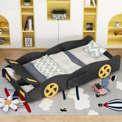 Vista 3 de Harper & Bright Designs Cama de plataforma en forma de auto de tamaño individual con almacenamiento y ruedas, cama individual para niños, marco