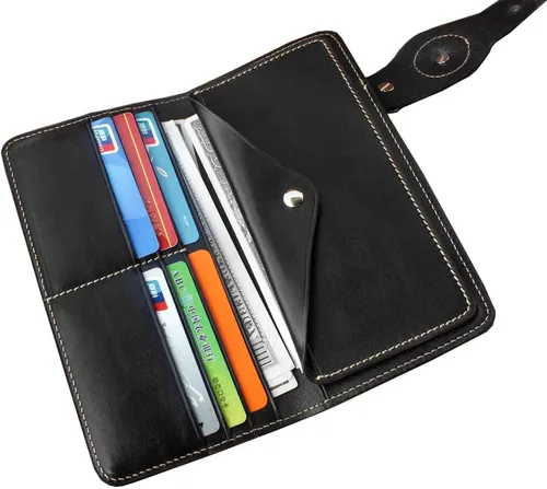 Vista 5 de Cartera larga de cuero gótico de lobo para hombre con tarjetero de cadena, Negro