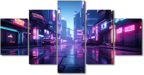 Vista 64 de Póster de 5 paneles en lienzo para decoración de pared, diseño de centro urbano Cyberpunk, impresión moderna, decoración de pared para el hogar