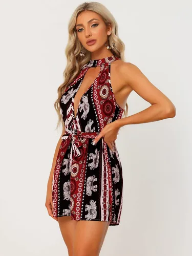 Vista 2 de Allegra K Enterizo corto sin mangas con cuello halter y estampado floral para mujer