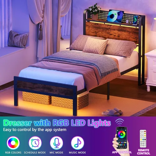 Vista 3 de Furnulem Base de cama tamaño individual con luces LED y estación de carga, base de cama con cabecera de almacenamiento de madera, cama de plataforma