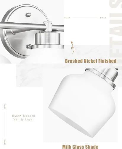 Vista 4 de Luminarias de baño Emak de níquel cepillado, luz de tocador de baño de 2 luces con pantalla de vidrio esmerilado, luces de tocador modernas
