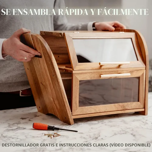 Vista 6 de Arise - Elegante caja de pan de acacia para encimera de cocina, contenedor de almacenamiento de pan de madera extra grande de 2 estantes