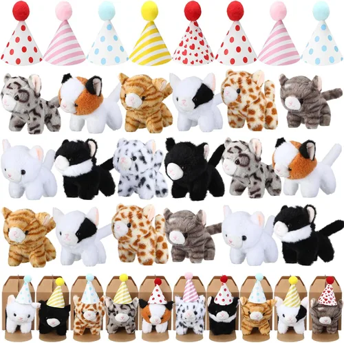 Vista 14 de Juego de 20 Mini Juguetes de Peluche Animales de Peluche Perros con Sombreros de Cumpleaños Cajas de Papel Kraft Cachorros de Peluche Pequeños